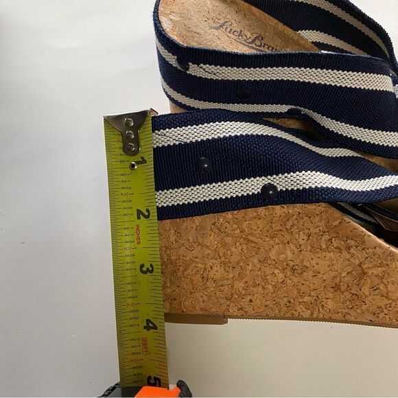 Lucky Brand Miller 2 wedge cork heel sandals navy blue strip strappy slip on 9M - Picture 6 of 13